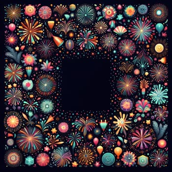 illustration of bright and colorful fireworks making a border or frame with copy space on black generative ai