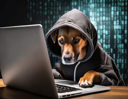 hacker dog in a hoodie will try to break through your computers cybersecurity generative ai