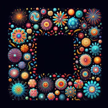 illustration of bright and colorful fireworks making a border or frame with copy space on black generative ai