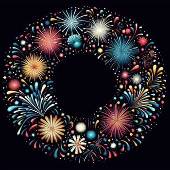 illustration of bright and colorful fireworks making a border or frame with copy space on black generative ai