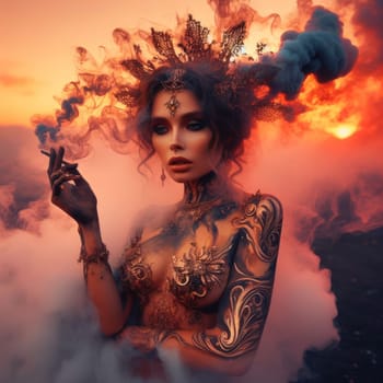beautiful fire elemental goddess or demon burning with flames generative ai