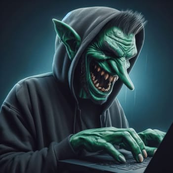 illustration of an internet troll wearing hoodie and using keyboard generative ai
