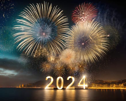 big bright and colorful fireworks for a happy new years 2024 generative ai