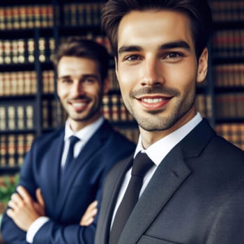 successful young male lawyers in office in front of law library books generative ai