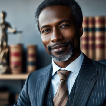 successful experienced male black lawyer in office in front of law library books generative ai
