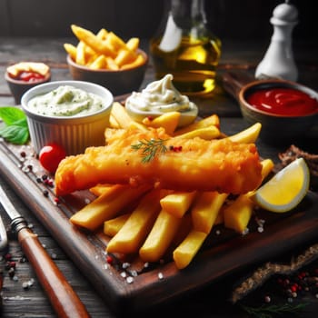 delicious british fried fish and chips with tartar sauce and lemon in a rustic setting generative ai