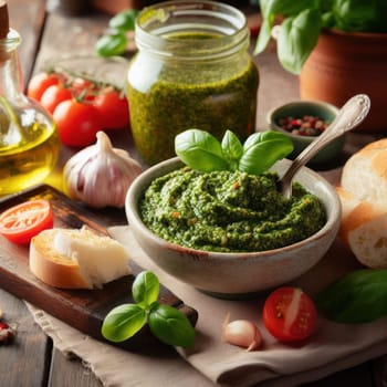 bowl of delicious italian basil pesto in a rustic setting generative ai