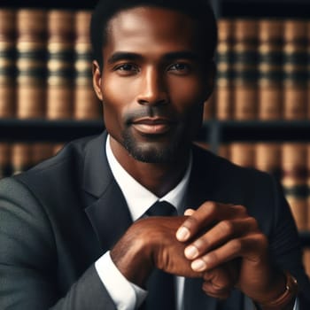successful experienced male black lawyer in office in front of law library books generative ai