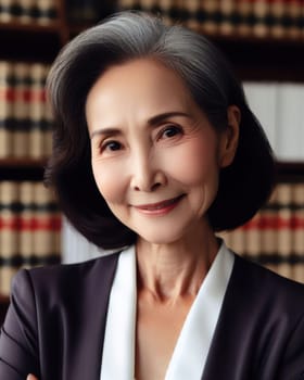 successful young asian lawyer in office in front of law library books generative ai