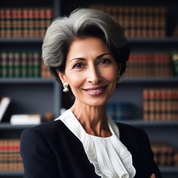 successful experienced female lawyer in office in front of law library books generative ai