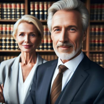 male and female experienced lawyers are a legal team in the law library generative ai