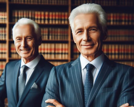 two senior experienced lawyers in front of law library books generative ai