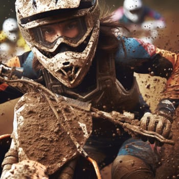 action closeup of motocross rider on track with mud spraying generative ai
