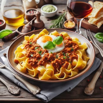 delicious traditional italian pappardelle alla bolognese in a rustic setting generative ai