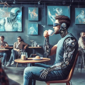 cybernetic person who has futuristic robotic enhancements or parts drinking coffee  generative ai