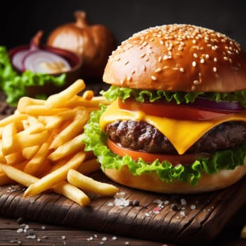 delicious perfect burger served with fries on a wooden board in a rustic cafe generative ai