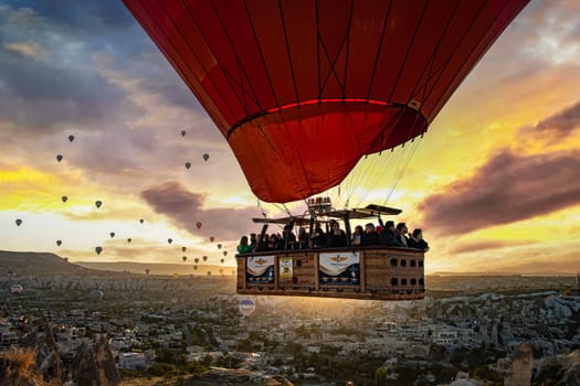 GOREME, TUR - OCT 14, 2023: Hot air balloon in Goreme National Park in Cappadocia, Turkey.