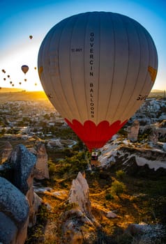 GOREME, TUR - OCT 14, 2023: Hot air balloon in Goreme National Park in Cappadocia, Turkey.