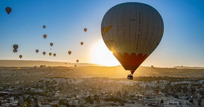 GOREME, TUR - OCT 14, 2023: Hot air balloon in Goreme National Park in Cappadocia, Turkey.