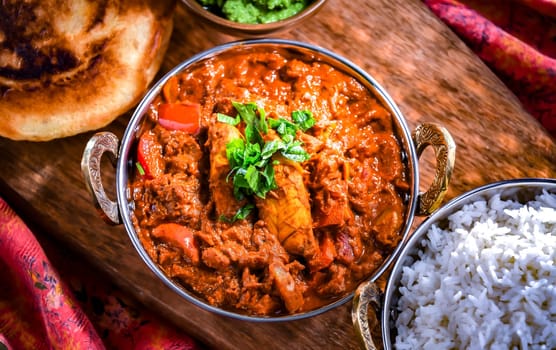 Butter chicken with rice and naan flatbread served in original indian karahi pots.