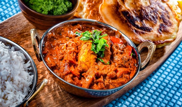 Butter chicken with rice and naan flatbread served in original indian karahi pots.