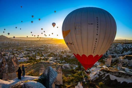 GOREME, TUR - OCT 14, 2023: Hot air balloon in Goreme National Park in Cappadocia, Turkey.