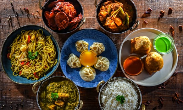 Composition with indian dishes: samosa, pakora, palak paneer, jalfrezi, thukpa and naan bread