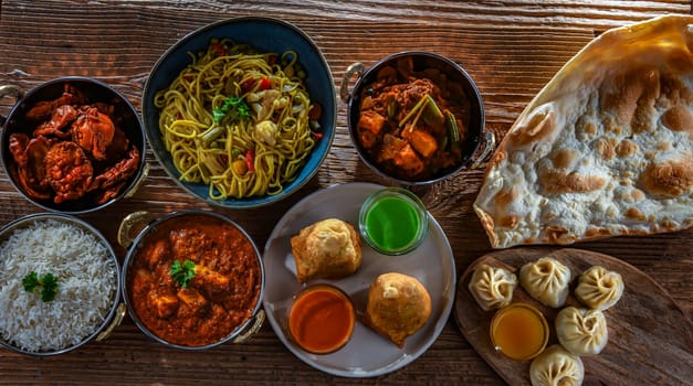Composition with indian dishes: samosa, pakora, palak paneer, jalfrezi, thukpa and naan bread