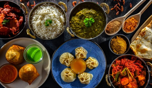 Composition with indian dishes: samosa, pakora, palak paneer, jalfrezi, thukpa and naan bread