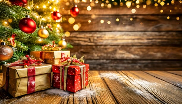 Christmas decoration with gifts and lights on wooden background, AI generated