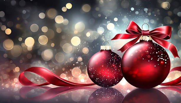 christmas background with balls and ribbon on golden bokeh lights, AI generated