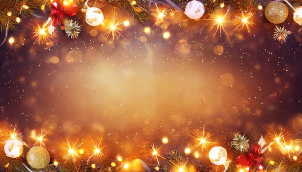 christmas background with balls and ribbon on golden bokeh lights, AI generated