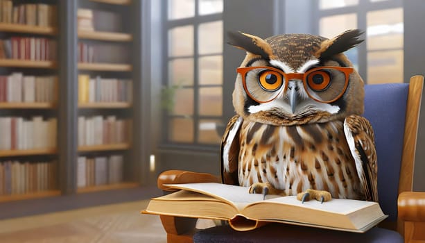 Smart owl wearing reading glasses with a book in the library, AI generated