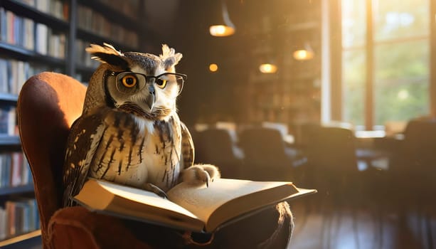 Smart owl wearing reading glasses with a book in the library, AI generated