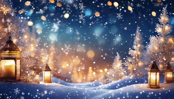 winter landscape with snow on the ground and snowflakes in the sky, holiday lights, AI generated