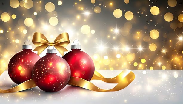 christmas background with balls and ribbon on golden bokeh lights, AI generated