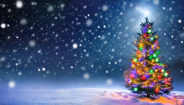 Christmas tree outside forest with falling snow, copy space, holiday background, AI generated