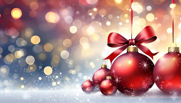 christmas background with balls and ribbon on golden bokeh lights, AI generated