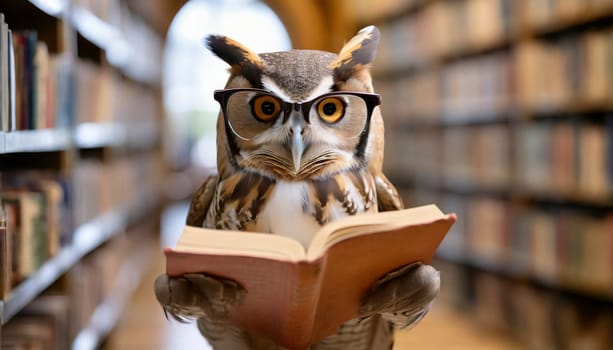 Smart owl wearing reading glasses with a book in the library, AI generated