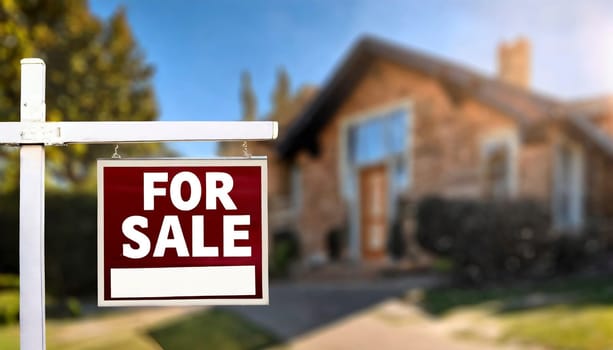 For sale sight with blurred house in background, real estate sign, AI generated