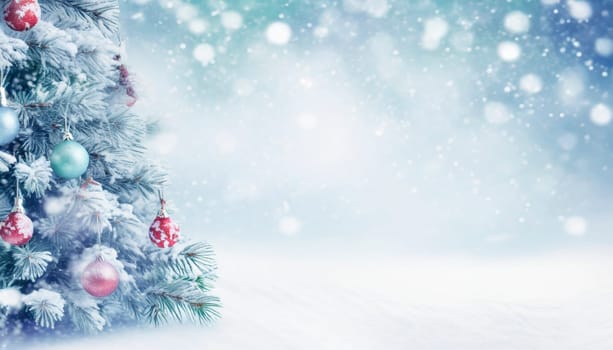 Christmas tree outside forest with falling snow, copy space, holiday background, AI generated