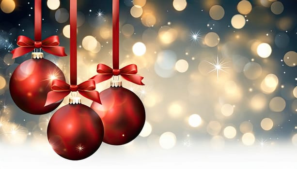 christmas background with balls and ribbon on golden bokeh lights, AI generated