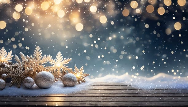 winter landscape with snow on the ground and snowflakes in the sky, holiday lights, AI generated