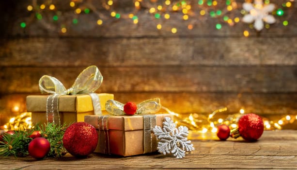 Christmas decoration with gifts and lights on wooden background, AI generated
