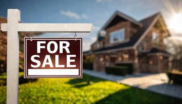 For sale sight with blurred house in background, real estate sign, AI generated