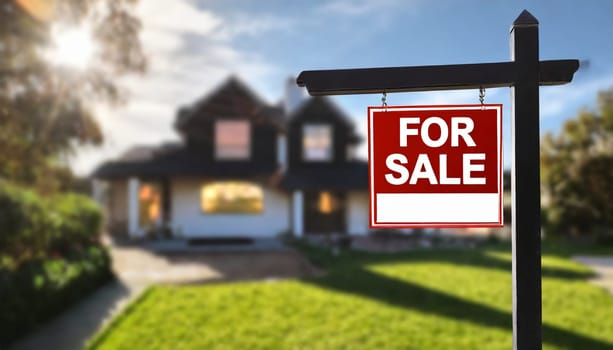 For sale sight with blurred house in background, real estate sign, AI generated