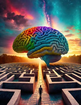 The human brain maze concept. Surreal scene of a person in front of a labyrinth and a colorful mind open a new way through in the center