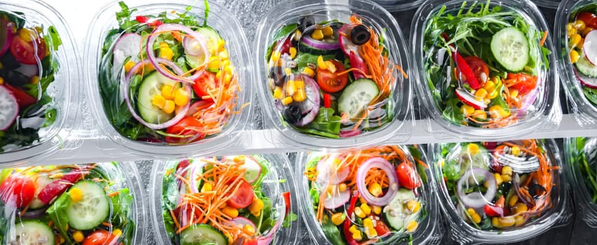 Plastic boxes with pre-packaged vegetable salads, put up for sale in a commercial refrigerator