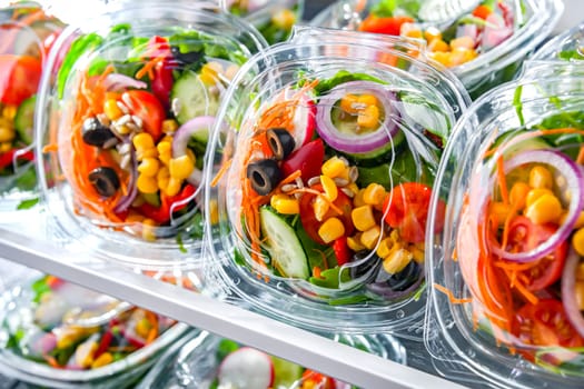 Plastic boxes with pre-packaged vegetable salads, put up for sale in a commercial refrigerator