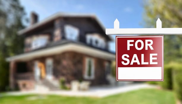For sale sight with blurred house in background, real estate sign, AI generated